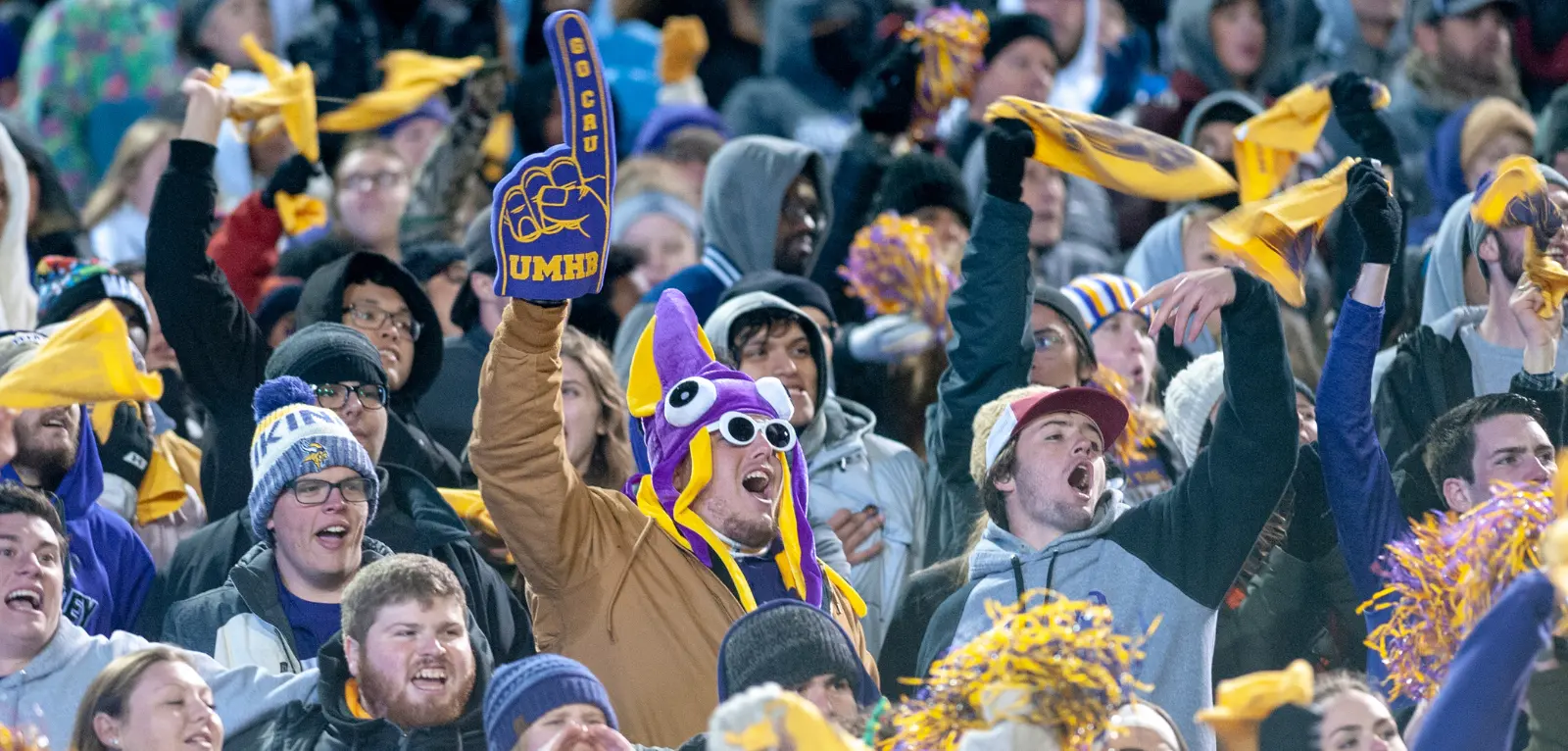 Group of fans cheering with colored cloth, signs, and foam fingers